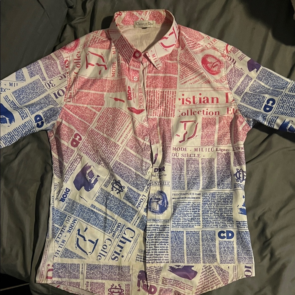Dior Red & Blue Newspaper Print Button-Down Shirt